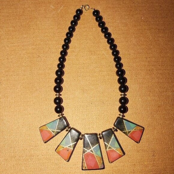 Black Beaded Necklace W/Geometric Multicolor Stone Pendants & Gold Accents -VTG - Picture 1 of 4